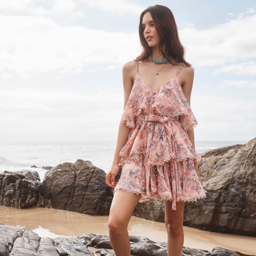 HEMANT & NANDITA Pink Floral Tiered Mini Dress